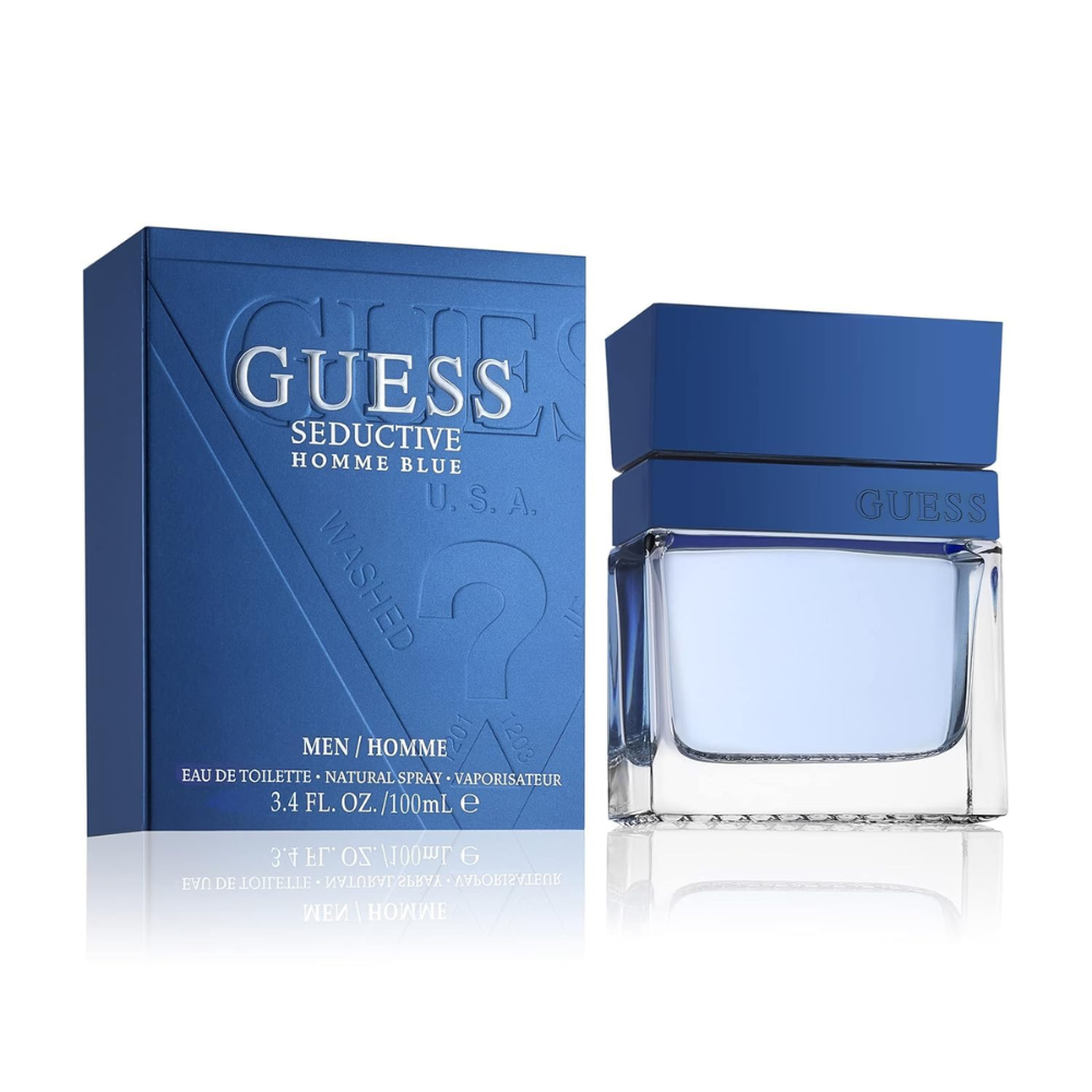 Guess Seductive Blue men’s perfume spray in 3.4 oz bottle, featuring a sleek design and blue perfume liquid.