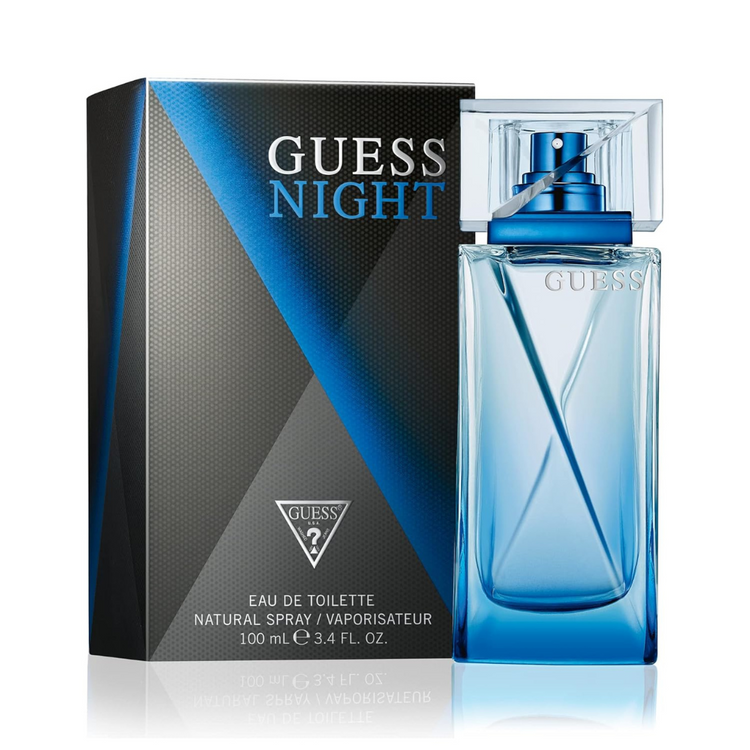 Guess Night Eau de Toilette for men, 3.4oz perfume bottle with sleek design and dark packaging.