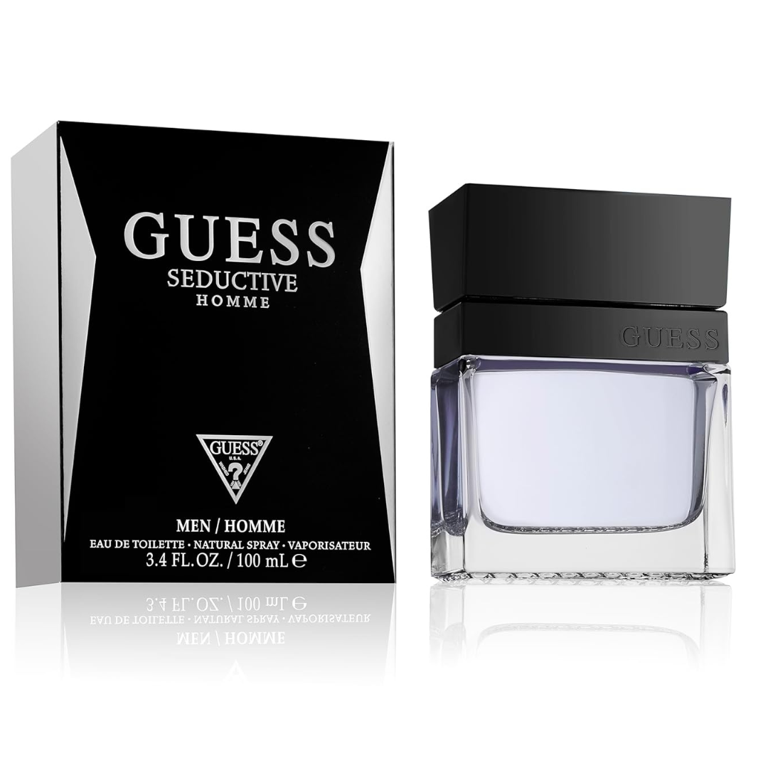 Guess Seductive Homme Eau de Toilette 3.4oz perfume bottle with sleek design, suitable for men.