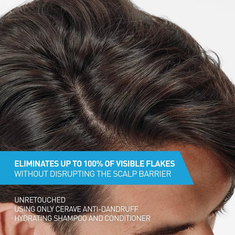 CeraVe Anti-Dandruff Hydrating Conditioner bottle, 12 oz, for dandruff relief and scalp hydration, stored in a bathroom setting.