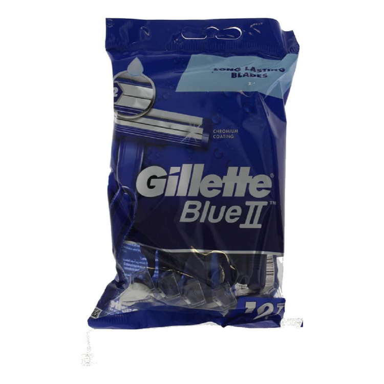 Gillette Blue II disposable razors in a pack of 10, featuring dual blades and ergonomic handle for a close shave.