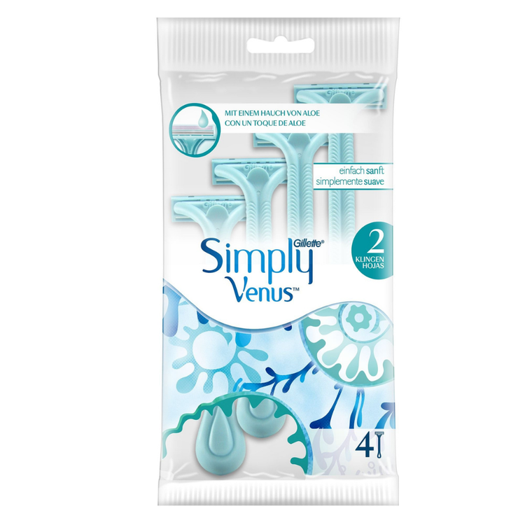 Gillette Simply Venus disposable razors in a 4-pack, featuring sleek handles and multiple blades for smooth shaving.
