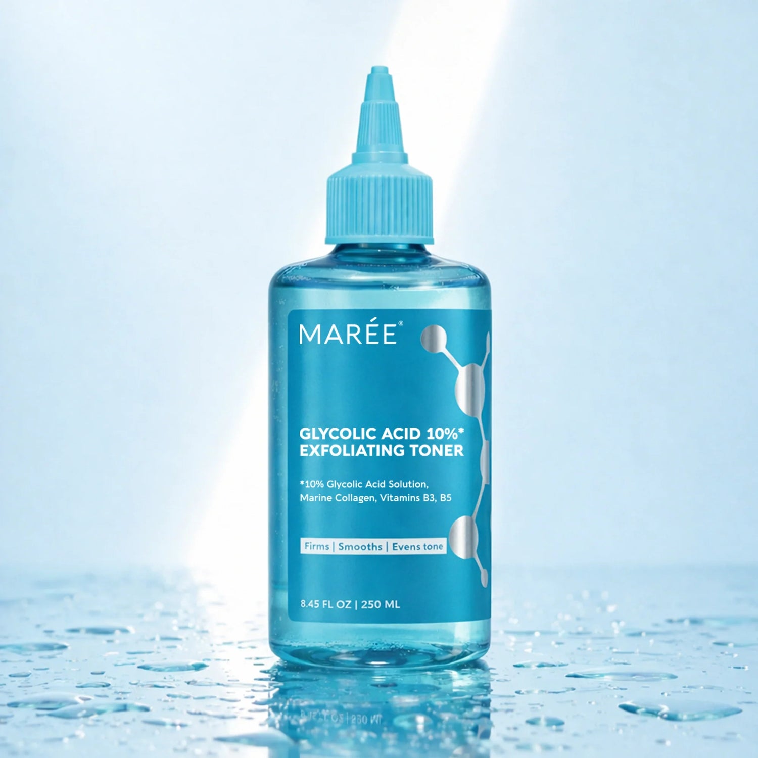 Maree Glow Boost Glycolic Face Toner bottle with label, clear liquid inside, and a clean, minimalist design.