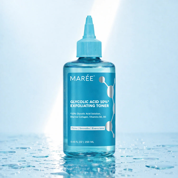 Maree Glow Boost Glycolic Face Toner bottle with label, clear liquid inside, and a clean, minimalist design.