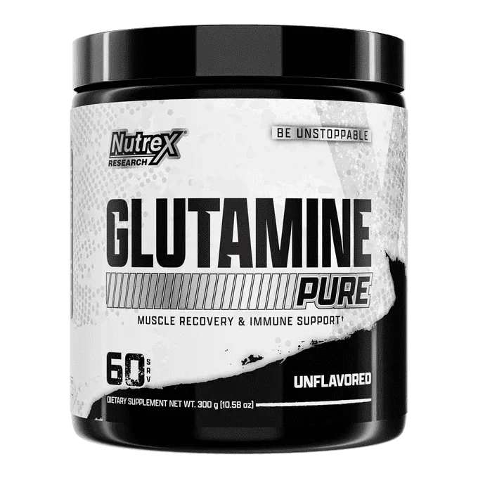 Pure Nutrex Glutamine supplement for joint support, showing a container with 60 servings and nutritional label.
