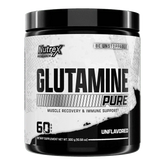 Pure Nutrex Glutamine supplement for joint support, showing a container with 60 servings and nutritional label.