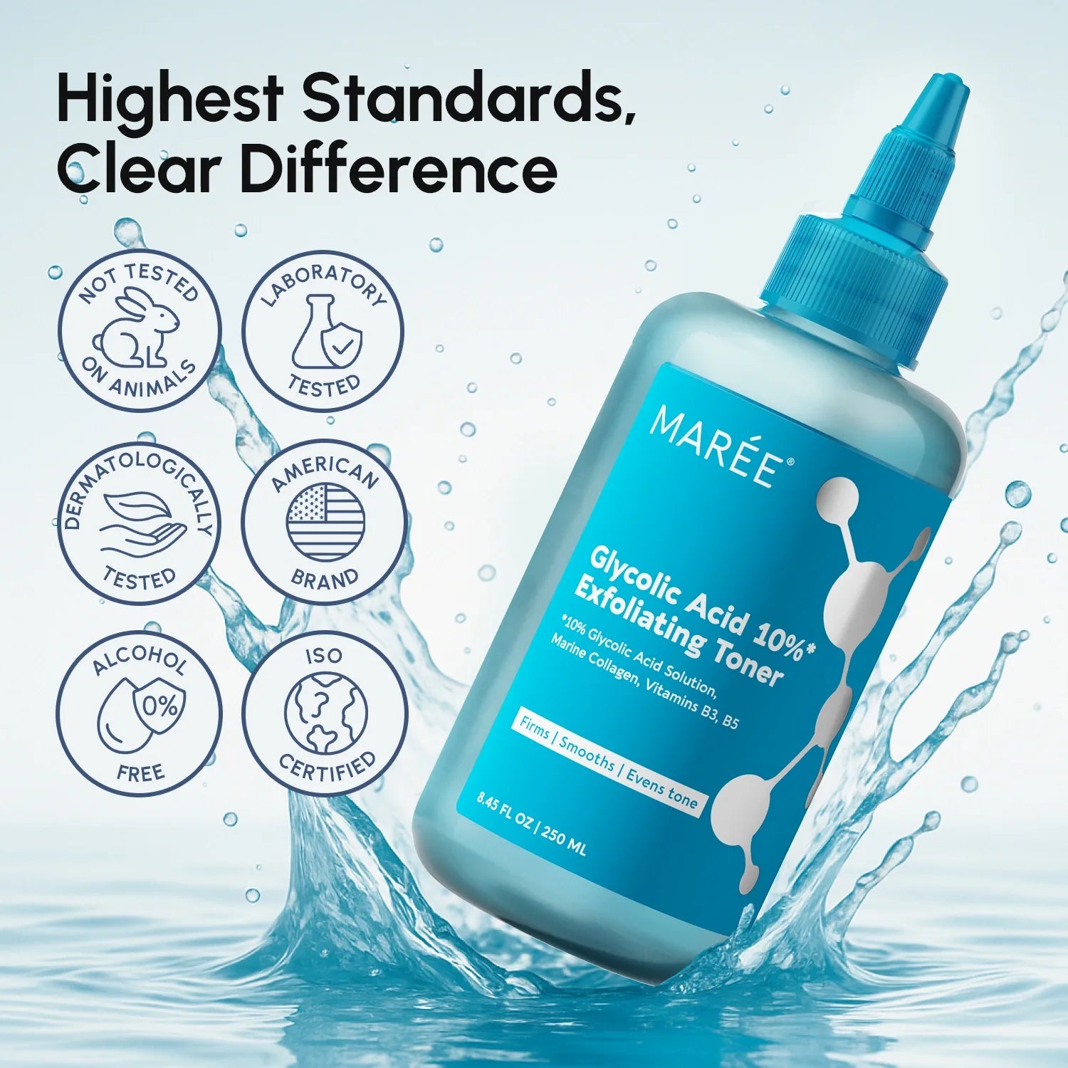 Maree Glow Boost Glycolic Face Toner bottle with clear liquid and label, designed for exfoliating and brightening skin.