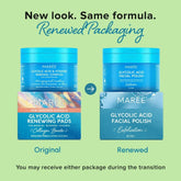 Maree Glycolic Acid Exfoliating Pads with natural ingredients, showing textured pads in a clear container for gentle skin exfoliation.