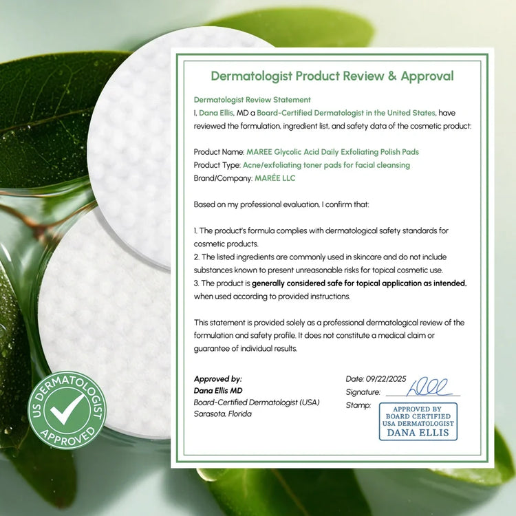 Maree Glycolic Acid Exfoliating Pads with natural ingredients, showing the pads and packaging on a neutral background.