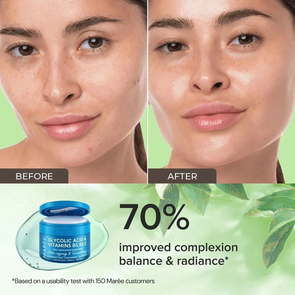 Maree Glycolic Acid Exfoliating Pads with natural ingredients, showing a close-up of the textured pads in a container.