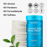 Maree Glycolic Acid Pads in a jar, 200 count, showing soft cotton pads soaked with exfoliating glycolic acid for skincare.