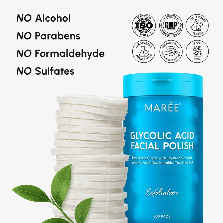 Maree Glycolic Acid Pads in a jar, 200 count, showing soft cotton pads soaked with exfoliating glycolic acid for skincare.