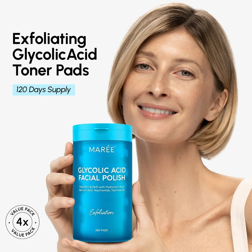 Maree Glycolic Acid Pads, set of 200, with textured cotton pads for chemical exfoliation and skin renewal.