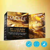 Maree 24K gold anti-aging eye patches on skin, showing the luxurious gold-infused treatment for reducing wrinkles and puffiness.