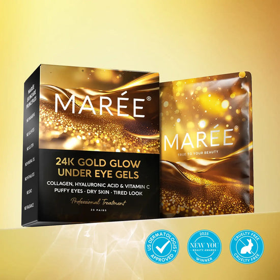 Maree 24K gold anti-aging eye patches on skin, showing the luxurious gold-infused treatment for reducing wrinkles and puffiness.