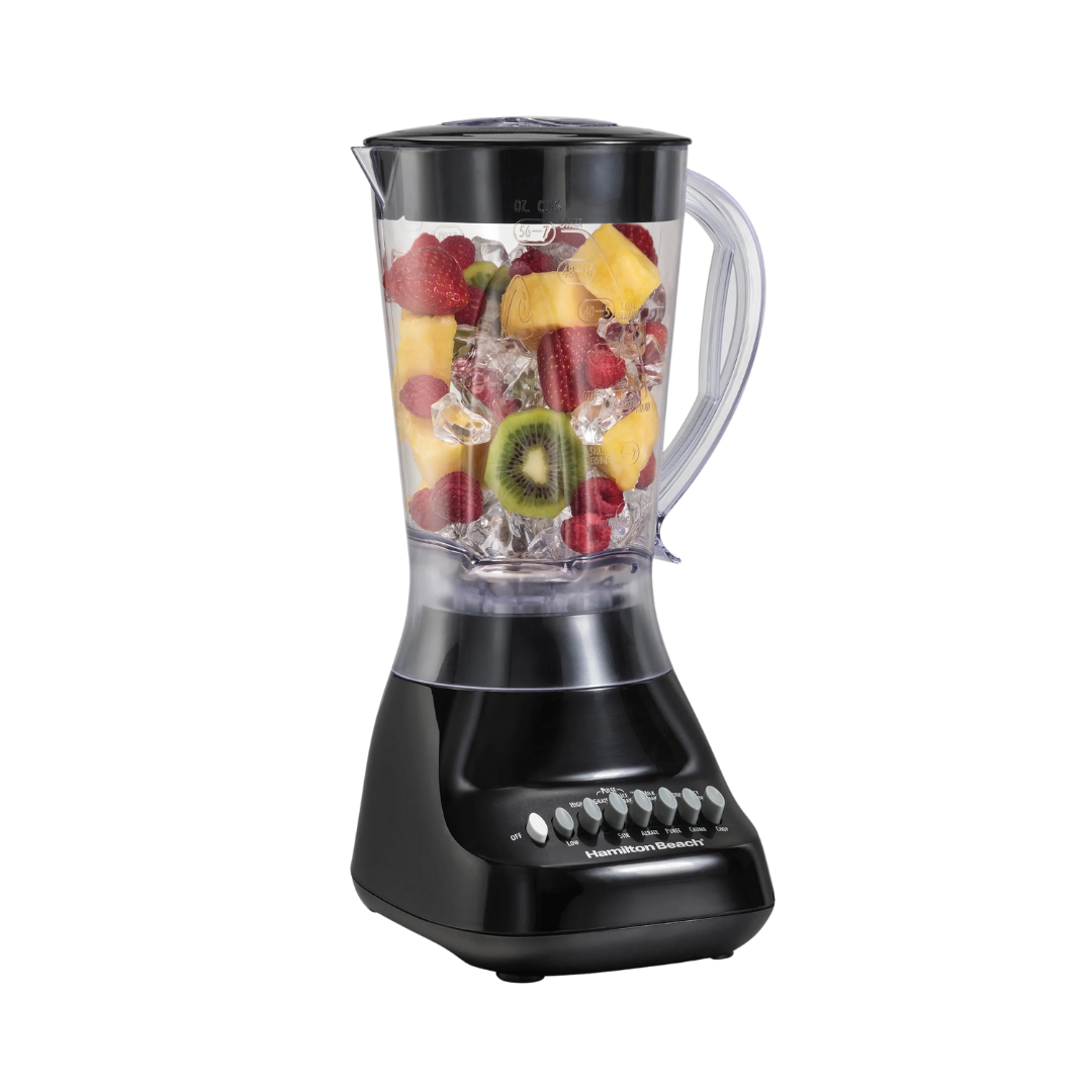 Hamilton Beach 10-speed blender with a clear glass jar and black lid, designed for smoothies and blending tasks.