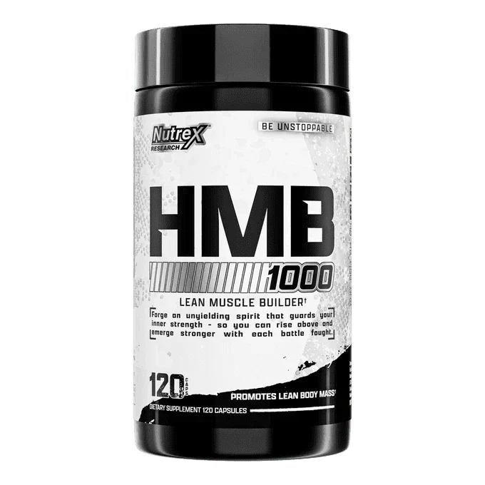 HMB 1000 supplement capsules by Nutrex, designed as testosterone boosters for muscle support and strength.