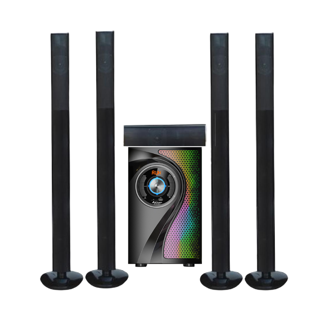 HomeBoss 5.1 home theater system with multiple speakers and central unit, designed for immersive audio experience.
