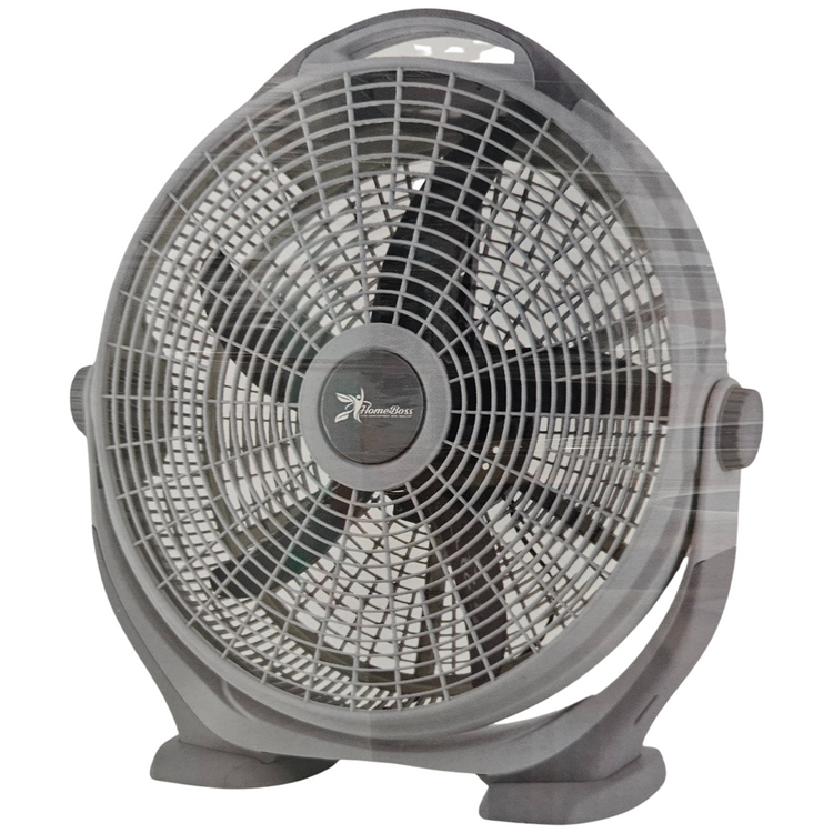 20-inch Homeboss CoolAir Box Fan by Farmacias Savia, with a black and silver design and adjustable fan blades.