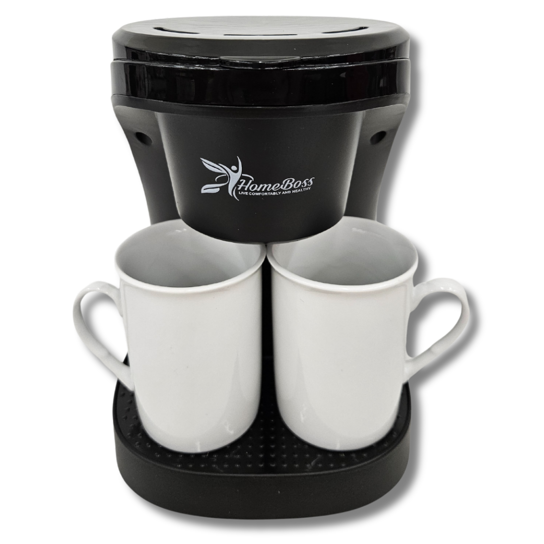 HOMEBOSS 2-Cup Coffee Maker from Farmacias Savia, compact kitchen appliance with glass carafe and brewing controls.