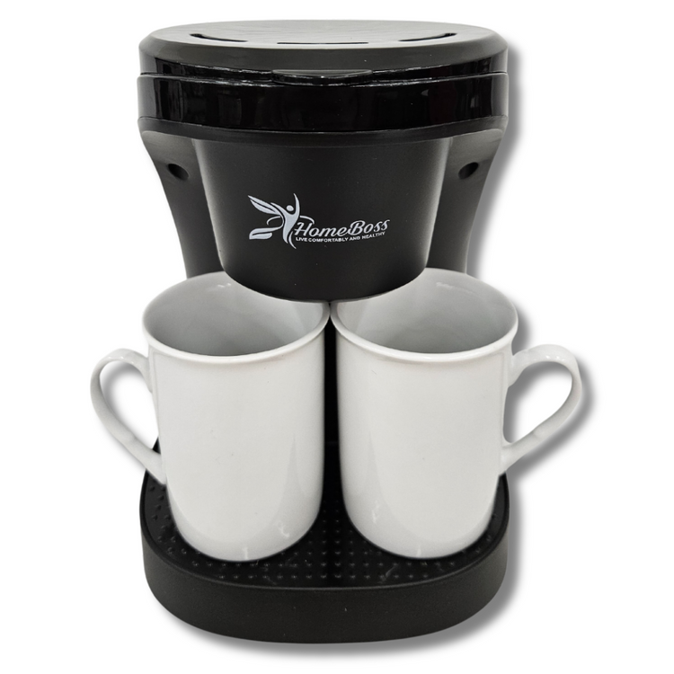 HOMEBOSS 2-Cup Coffee Maker from Farmacias Savia, compact kitchen appliance with glass carafe and brewing controls.