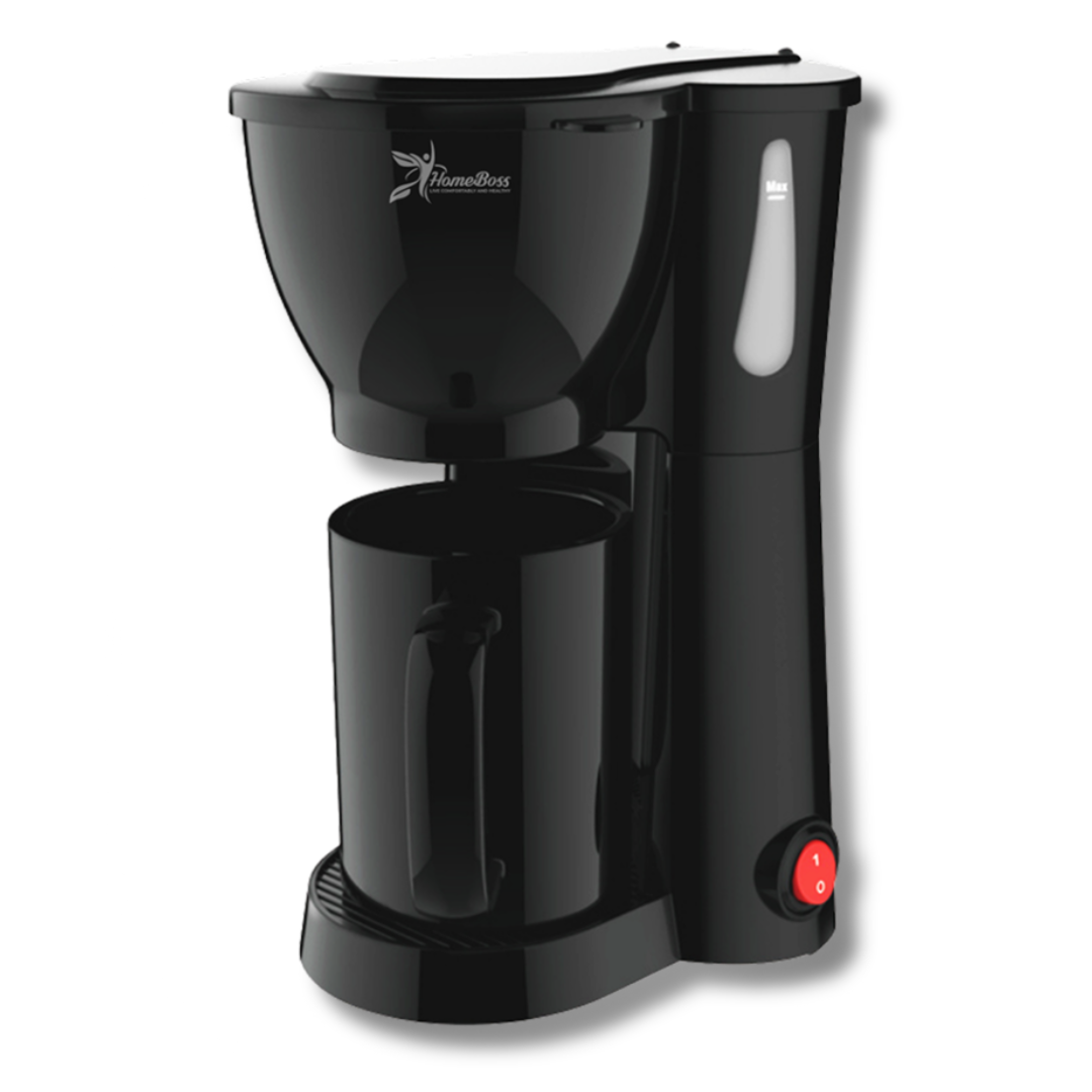 HOMEBOSS personal coffee maker from Farmacias Savia, compact electronic device with a water reservoir and brewing area.