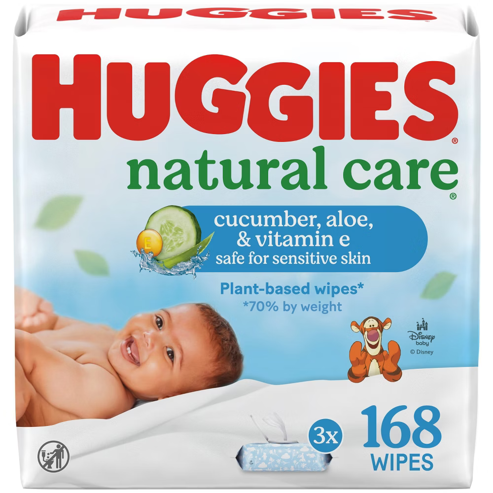 HUGGIES Natural Care baby wipes in a pack of 168, gentle and natural for sensitive skin, suitable for infants.