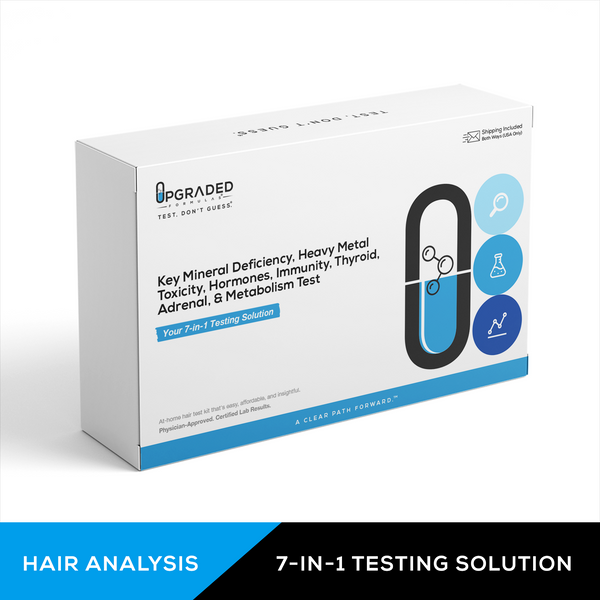 Upgraded Formulas HTMA Hair Test Kit for mineral deficiency, heavy metals, and metabolism analysis with hair sampling banner.