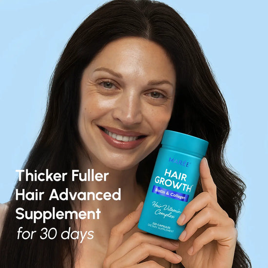 Bottle of Maree Biotin & Collagen Hair Growth Complex supplement with capsules on a white background.