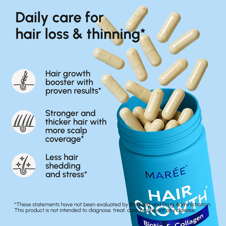 Maree Biotin & Collagen Hair Growth Complex supplement bottle with capsules, designed to promote healthy hair growth.