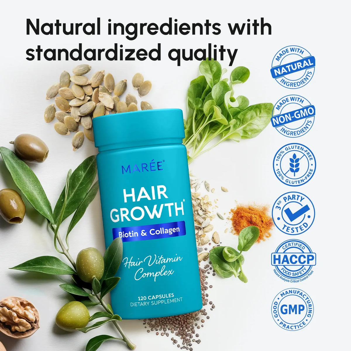 Maree Biotin & Collagen Hair Growth Complex supplement bottle with capsules, promoting healthy, thick hair.
