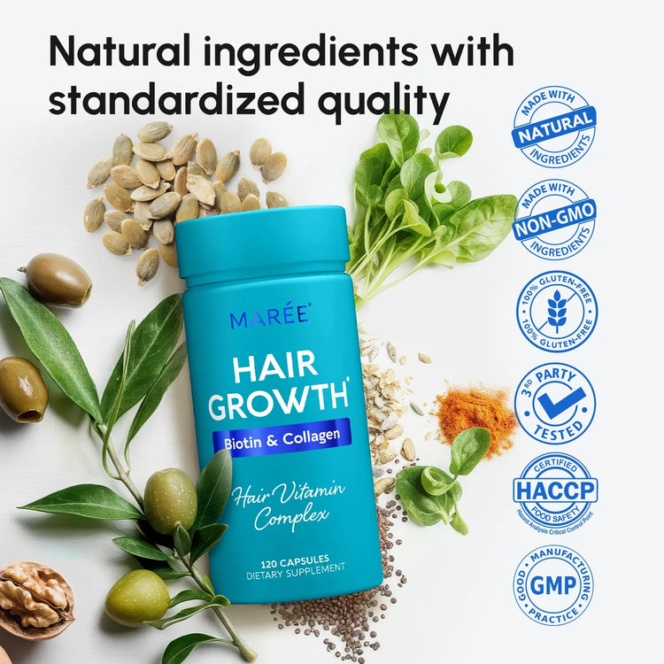 Maree Biotin & Collagen Hair Growth Complex supplement bottle with capsules, promoting healthy, thick hair.