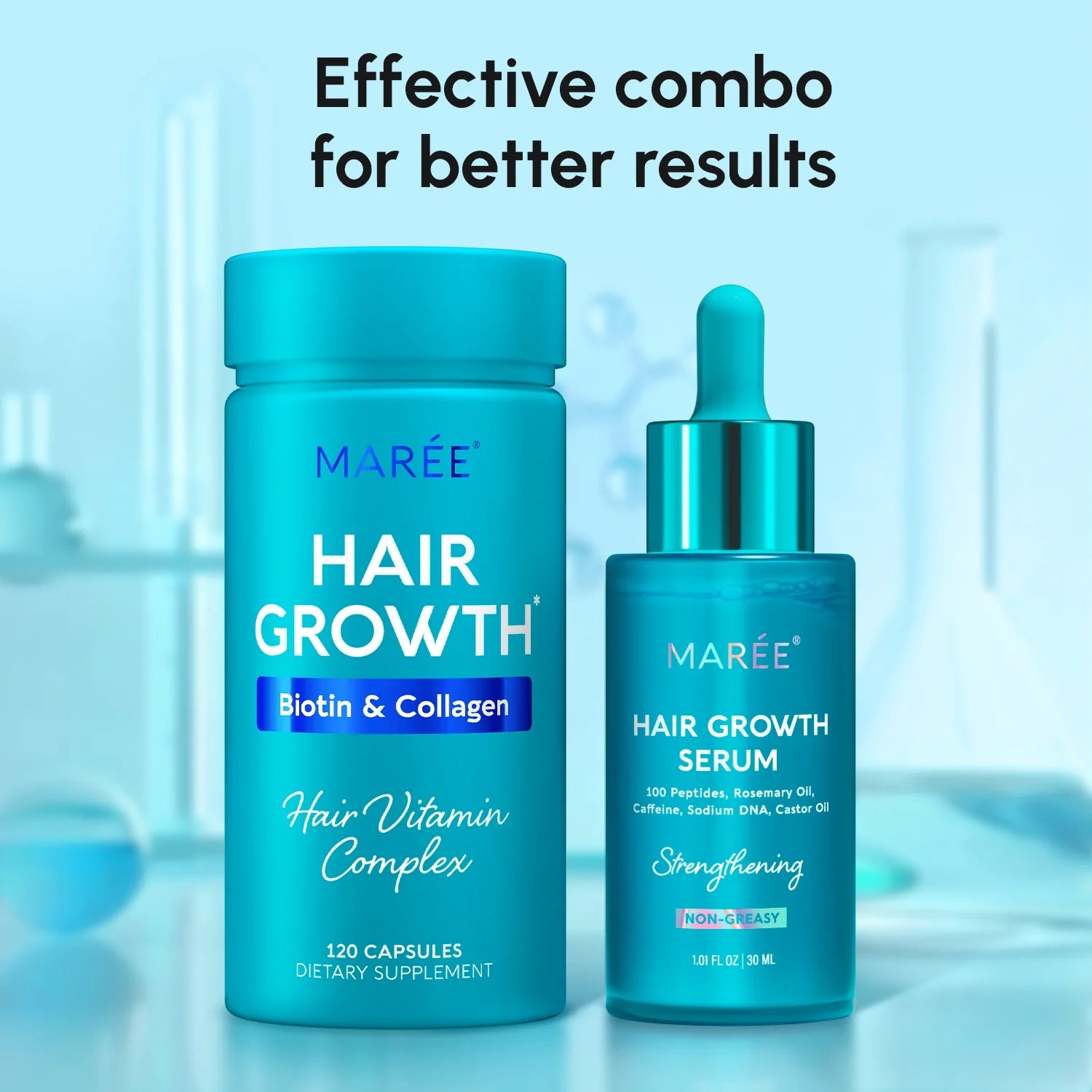 Bottle of Maree Biotin & Collagen Hair Growth Complex supplement with label showing product details and ingredients.