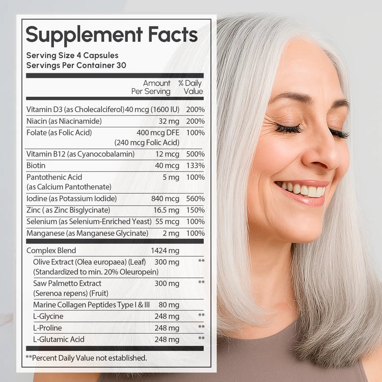 Maree Biotin & Collagen Hair Growth Complex supplement bottle with label, showcasing hair health support for strong, healthy hair.