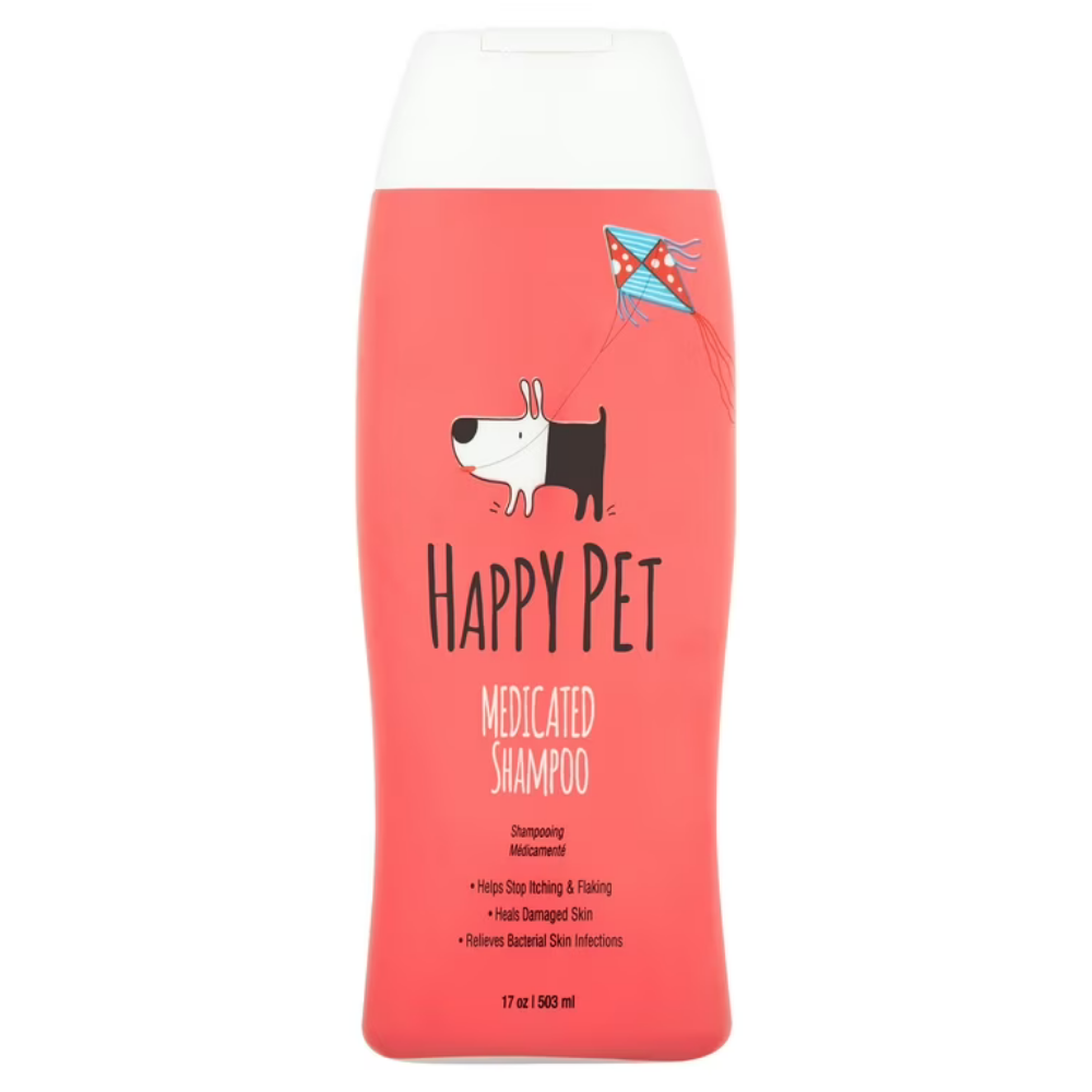 Happy Pet Medicated Shampoo 17oz bottle for pet health and skin care, from Farmacias Savia, part of salud y cuidado pet products.