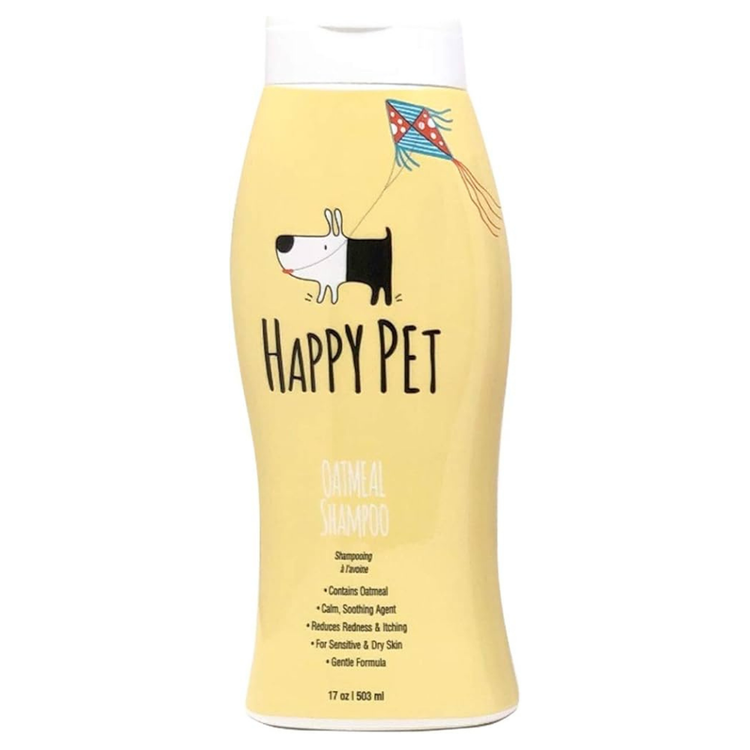 Happy Pet oatmeal shampoo for pets, 17oz, by Farmacias Savia, in a clear bottle with a label showing oatmeal and natural ingredients.