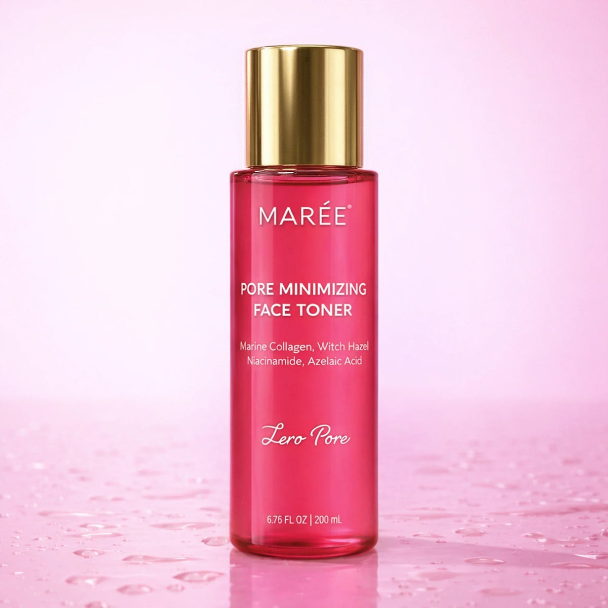 Maree hydrating pore refining toner in a clear bottle, showing the liquid formula and a clean, minimalist design for smooth, flawless skin