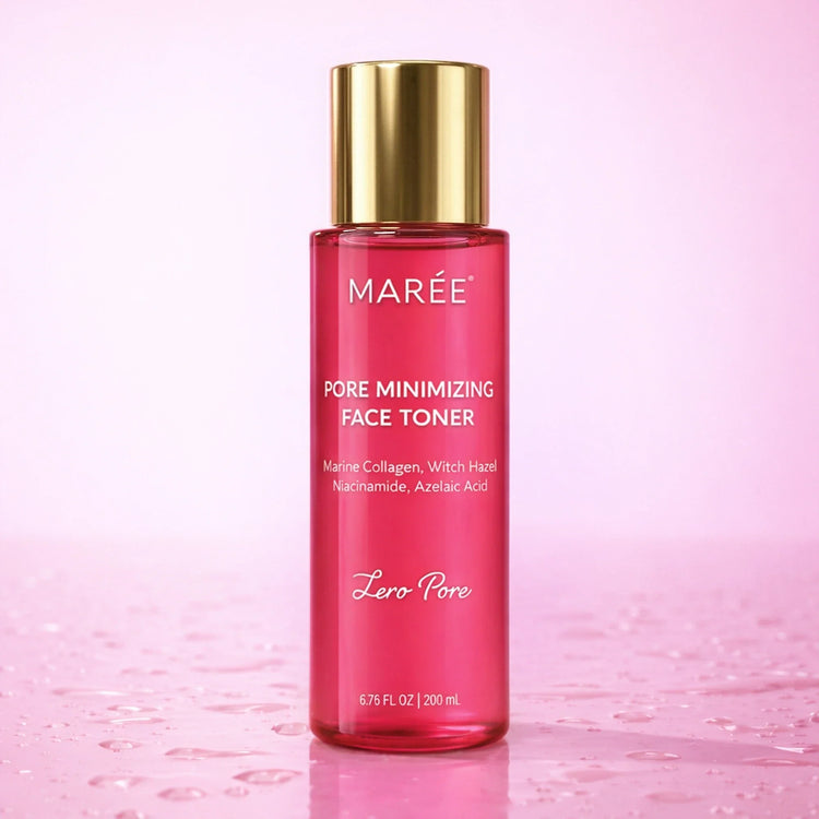 Maree hydrating pore refining toner in a clear bottle, showing the liquid formula and a clean, minimalist design for smooth, flawless skin
