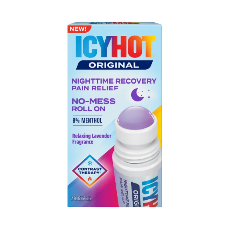 Farmacias Savia Icy Hot Overnight Roll-On Pain Relief bottle, 2 oz OTC topical pain relief product with blue cap and clear label.