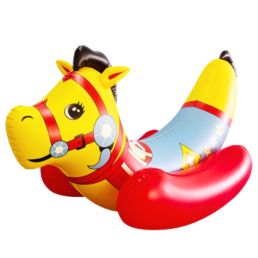 Inflatable yellow horse pool float from Farmacias Savia, designed for fun and relaxation in the water