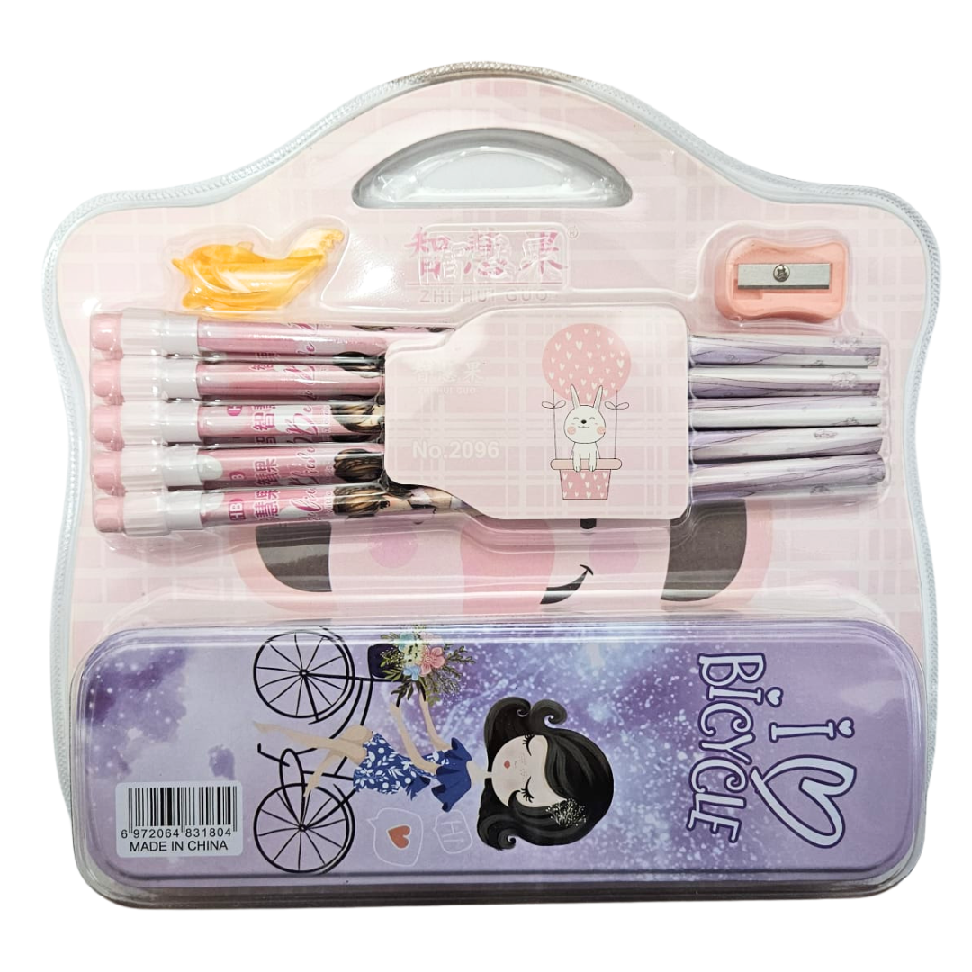ZHI HUI CUO Juego con cartuchera metálica rosa, 12 piezas escolares incluyendo lápices de madera, sacapuntas y borrador.