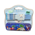 Blue metal dinosaur-themed pencil case set with 10 wooden pencils, a sharpener, and an eraser for school use.