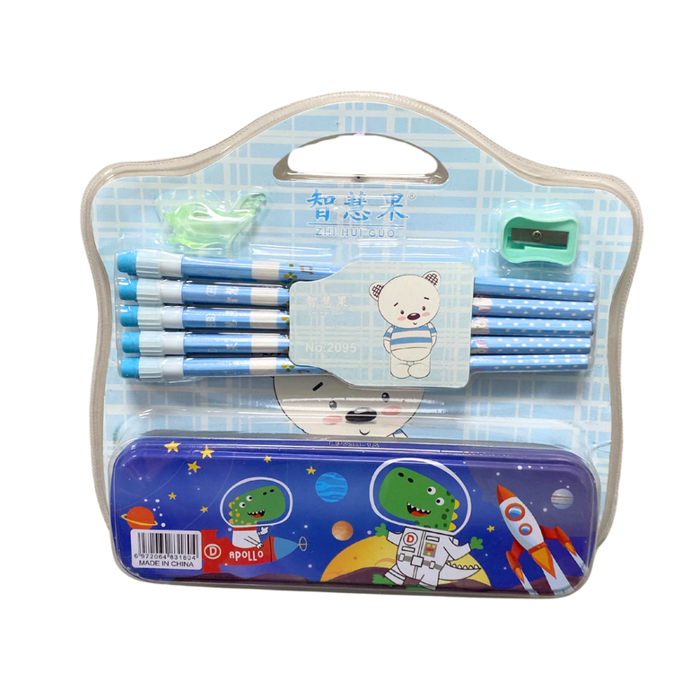 Blue metal dinosaur-themed pencil case set with 10 wooden pencils, a sharpener, and an eraser for school use.