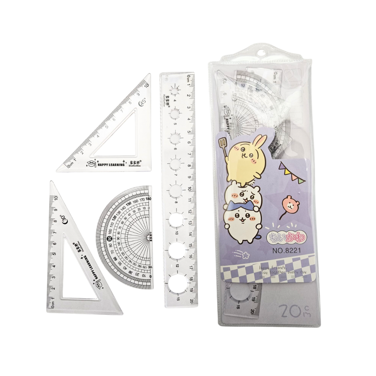 Set of five geometry tools with a protractor from Farmacias Savia, ideal for school math and geometry lessons.