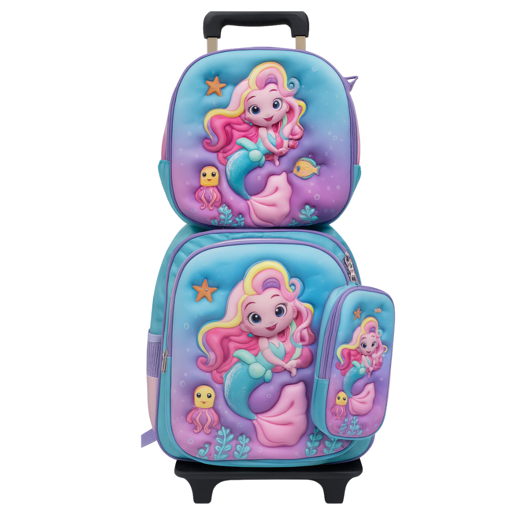 Kids 3D mermaid design rolling backpack set with four colorful, themed school bags for children by Farmacias Savia.