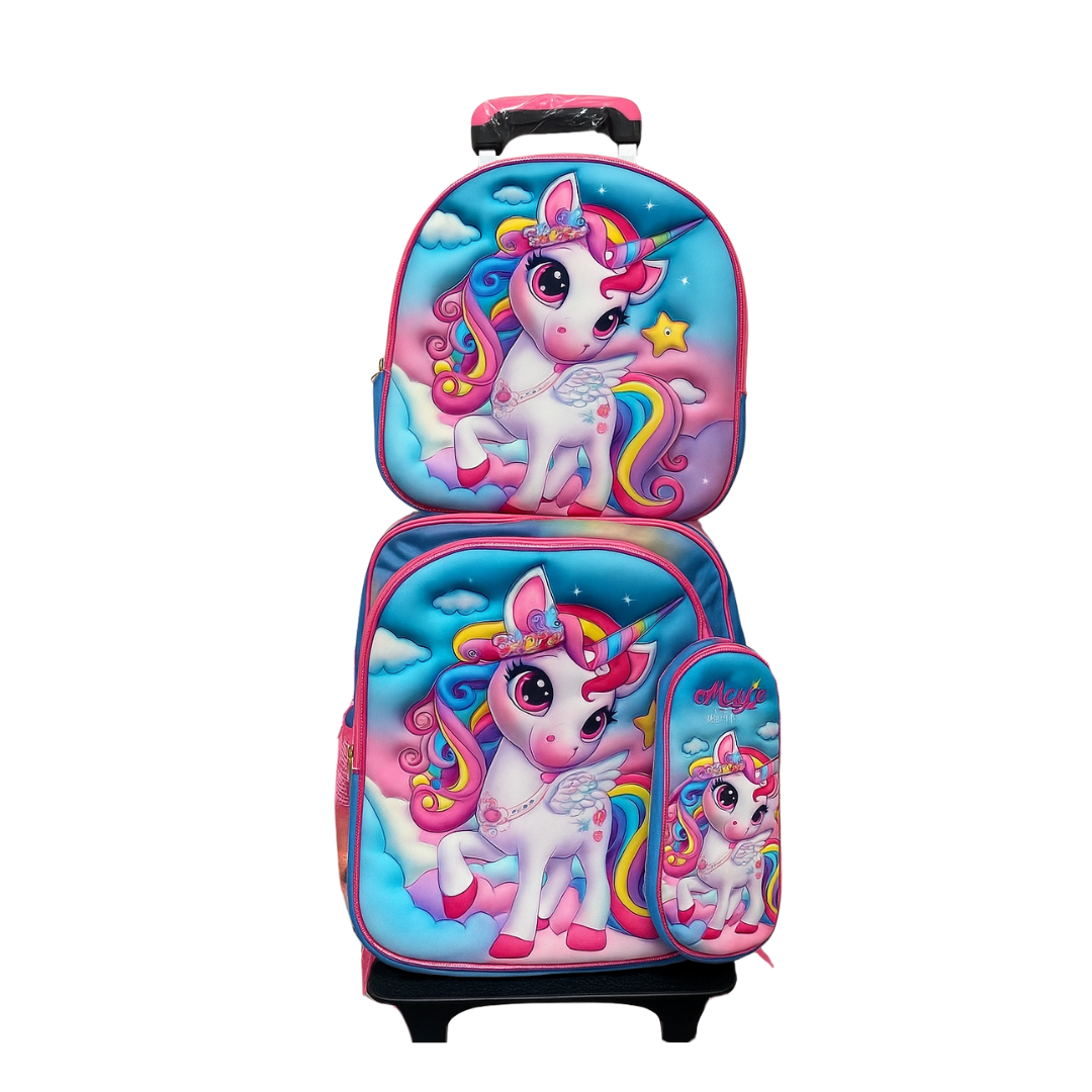 Kids 3D unicorn rolling backpack set by Farmacias Savia with four colorful, assorted design backpacks for children.