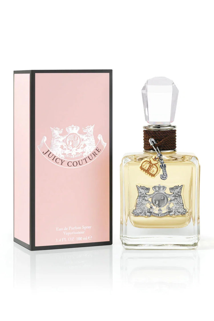 Juicy Couture EDP spray 3.4 oz bottle with floral and fruity fragrance, stylishly designed packaging for women.