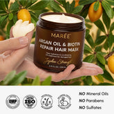 Maree Argan Oil & Biotin Hair Repair Mask with jojoba oil, shown in a jar with the mask&