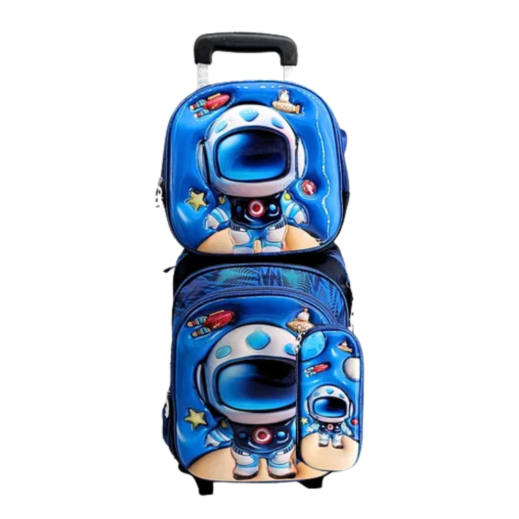 Kids 3D 4-piece rolling backpack set from Farmacias Savia featuring colorful space-themed designs for children.