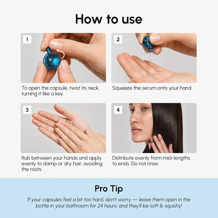 Maree keratin oil capsules for frizz control, showing the capsules and packaging with glossy finish and natural hair in background